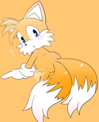 Size: 958x1181 | Tagged: safe, artist:elly, miles "tails" prower, 2019, :o, bent over, blushing, cute, looking at viewer, looking back, looking back at viewer, signature, simple background, solo, yellow background