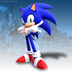 Size: 2160x2160 | Tagged: safe, artist:adverse56, sonic the hedgehog, 2024, 3d, abstract background, looking at viewer, smile, solo, standing