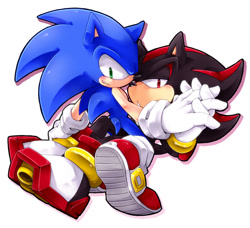 Size: 1080x986 | Tagged: safe, artist:たけまる, shadow the hedgehog, sonic the hedgehog, 2010, blushing, duo, frown, gay, holding hands, lidded eyes, looking at viewer, lying back, lying down, shadow x sonic, shipping, simple background, sitting on them, smile, white background