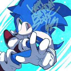 Size: 600x600 | Tagged: safe, artist:たけまる, sonic the hedgehog, 2013, birthday, english text, looking at viewer, smile, solo