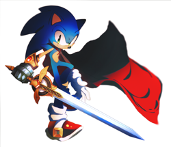 Size: 1162x1000 | Tagged: safe, artist:icen-hk, sonic the hedgehog, sonic and the black knight, 2020, cape, holding something, king arthur, looking at viewer, simple background, smile, solo, sword, white background
