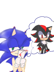 Size: 768x1024 | Tagged: safe, artist:mizuthingsstuffs, shadow the hedgehog, sonic the hedgehog, blushing, blushing ears, frown, gay, holding something, lidded eyes, looking away, love letter, shadow x sonic, shipping, simple background, solo, thinking, thought bubble, white background