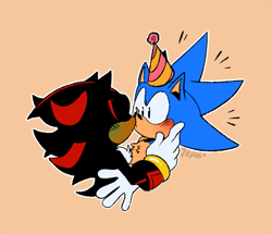 Size: 699x600 | Tagged: safe, artist:virune, shadow the hedgehog, sonic the hedgehog, 2024, birthday, duo, eyes closed, gay, green blush, holding them, kiss, looking at them, outline, party hat, shadow x sonic, shipping, signature, simple background, surprise kiss, surprised, tan background