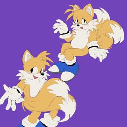 Size: 2048x2048 | Tagged: safe, artist:sonicattos, miles "tails" prower, blue shoes, blushing, cute, looking at viewer, looking up, mouth open, purple background, simple background, smile, solo, tailabetes