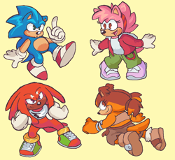 Size: 1038x950 | Tagged: safe, artist:couch-house, amy rose, knuckles the echidna, sonic the hedgehog, sticks the badger, cute, fleetway amy, group, simple background, yellow background