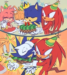 Size: 609x680 | Tagged: safe, artist:ira_theartist, amy rose, knuckles the echidna, miles "tails" prower, sonic the hedgehog, birthday