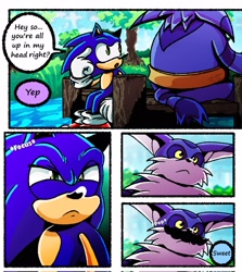 Size: 1825x2048 | Tagged: safe, artist:reservoirrits, big the cat, sonic the hedgehog, sonic frontiers, comic, daytime, duo, mustache, outdoors, sitting, speech bubble