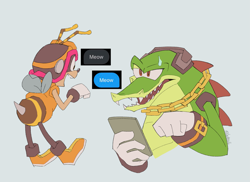Size: 2017x1471 | Tagged: safe, artist:kad00dle, charmy bee, vector the crocodile, comic, duo, grey background, holding something, phone, simple background, texting