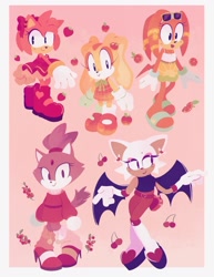Size: 1315x1701 | Tagged: safe, artist:sonicmoment, amy rose, blaze the cat, cream the rabbit, rouge the bat, tikal, alternate outfit, food, fruit, group, pink background, simple background