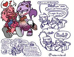 Size: 2048x1582 | Tagged: safe, artist:mstormcloud, amy rose, blaze the cat, 2024, alternate outfit, amy x blaze, amybetes, bisexual, bisexual pride, blazebetes, blushing, cute, dialogue, duo, english text, frizzed, heart, lesbian, lesbian pride, pride, pride flag, shipping, simple background, smile, speech bubble, trans female, trans pride, transgender, walking, white background