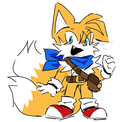 Size: 768x768 | Tagged: safe, artist:raihanijulie, miles "tails" prower, alternate universe, au:sidekick sonic, bag, bandana, belt, cute, eye clipping through hair, looking at viewer, mouth open, one fang, role swap, simple background, smile, solo, white background