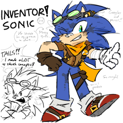 Size: 768x768 | Tagged: safe, artist:raihanijulie, sonic the hedgehog, alternate universe, au:sidekick sonic, bandaid, character name, clothes, dialogue, english text, goggles, implied tails, odd gloves, role swap, scarf, shirt, simple background, solo, standing on one leg, white background, wink