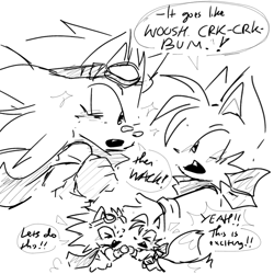 Size: 768x768 | Tagged: safe, artist:raihanijulie, miles "tails" prower, sonic the hedgehog, alternate universe, au:sidekick sonic, bandaid, bandana, cute, dialogue, duo, english text, goggles, line art, looking at each other, mouth open, one fang, role swap, scarf, simple background, smile, sparkles, speech bubble, white background