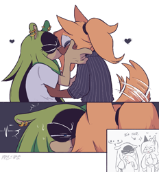 Size: 1283x1381 | Tagged: safe, artist:maskofnova, surge the tenrec, whisper the wolf, ..., 2024, alternate outfit, duo, english text, eyes closed, floppy ears, hands on another's face, heart, holding each other, kiss, lesbian, shipping, signature, simple background, smile, squinting, standing, sweatdrop, thumbs up, wagging tail, whisper x surge, white background