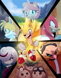 Size: 1605x2048 | Tagged: safe, artist:hikariviny, amy rose, knuckles the echidna, miles "tails" prower, robotnik, sage, sonic the hedgehog, super sonic, sonic frontiers, abstract background, flying, koco, poster, sparkles, super form