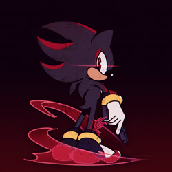 Size: 2048x2048 | Tagged: safe, artist:nenafena, shadow the hedgehog, gradient background, gun, holding something, looking at viewer, looking back, looking back at viewer, shadow the hedgehog (video game), shadow's logo, solo, standing