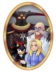 Size: 1052x1333 | Tagged: safe, artist:postingjustwhatever, black doom, gerald robotnik, maria robotnik, shadow the hedgehog, human, family, father and son, group, hand on another's shoulder, looking at viewer, picture frame, simple background, smile, transparent background