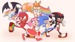Size: 1192x670 | Tagged: safe, artist:ineedanapp, amy rose, knuckles the echidna, miles "tails" prower, rouge the bat, shadow the hedgehog, sonic the hedgehog, pride flag