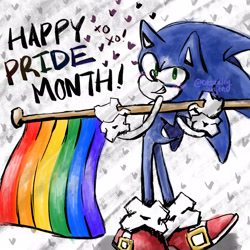 Size: 2048x2048 | Tagged: safe, artist:casuallycontemplating, sonic the hedgehog, 2024, heart, holding something, looking at viewer, looking back, looking back at viewer, pride, pride flag, smile, solo, standing