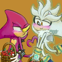 Size: 2048x2048 | Tagged: safe, artist:casuallycontemplating, espio the chameleon, silver the hedgehog, 2024, apple, basket, blushing, brown background, duo, flying, gay, heart tail, holding something, lidded eyes, looking at each other, pout, psychokinesis, shipping, silvio, simple background, smile, standing