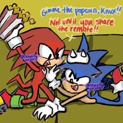 Size: 2048x2048 | Tagged: safe, artist:casuallycontemplating, knuckles the echidna, sonic the hedgehog, 2024, blushing, couch, cute, dialogue, duo, english text, gay, hand on another's head, holding something, knuxonic, looking at each other, mouth open, popcorn, shipping, smile