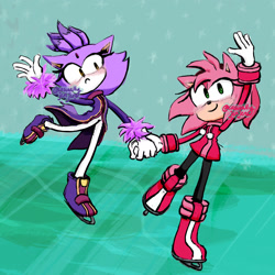 Size: 2048x2048 | Tagged: safe, artist:casuallycontemplating, amy rose, blaze the cat, 2024, abstract background, amy x blaze, amybetes, blazebetes, blushing, cute, duo, frown, holding hands, ice skates, ice skating, lesbian, mario and sonic at the 2020 olympic games, shipping, smile, snowing
