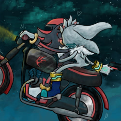 Size: 2048x2048 | Tagged: safe, artist:casuallycontemplating, shadow the hedgehog, silver the hedgehog, 2024, abstract background, blushing, duo, eyes closed, gay, gun, heart, holding something, holding them, kiss, motorcycle, nighttime, outdoors, shadow x silver, shipping, sitting, star (sky)