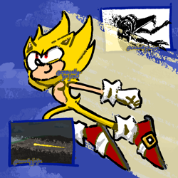 Size: 2048x2048 | Tagged: safe, artist:casuallycontemplating, sonic the hedgehog, super sonic, 2024, alignment swap, clouds, cute, flying, looking ahead, looking up, outdoors, smile, solo, sonabetes, super form, top surgery scars, trans male, transgender