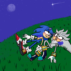 Size: 2048x2048 | Tagged: safe, artist:casuallycontemplating, silver the hedgehog, sonic the hedgehog, 2024, abstract background, blushing, blushing ears, cute, duo, gay, grass, lying down, moon, nighttime, outdoors, shipping, shooting, signature, silvabetes, smile, sonabetes, sonilver, star, star (sky), stargazing
