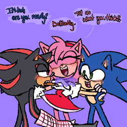 Size: 2048x2048 | Tagged: safe, artist:casuallycontemplating, amy rose, shadow the hedgehog, sonic the hedgehog, 2024, amybetes, arm around shoulders, blushing, cookie, cute, dialogue, english text, eyes closed, mouth open, purple background, signature, simple background, sonabetes, standing, trio