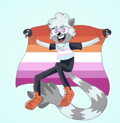 Size: 689x708 | Tagged: safe, artist:aestheticraven16, tangle the lemur, blue background, holding something, lesbian, lesbian pride, looking ahead, looking offscreen, mouth open, pride, pride flag, simple background, smile, solo, trans female, trans pride, transgender