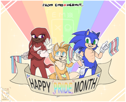 Size: 2048x1664 | Tagged: safe, artist:emo-hermit, knuckles the echidna, miles "tails" prower, sonic the hedgehog, abstract background, alternate version, english text, holding something, looking at viewer, movie style, pride, pride flag, signature, smile, standing, team sonic, trans pride, trio