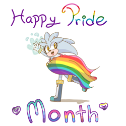 Size: 2048x2048 | Tagged: safe, artist:melnaoshi, silver the hedgehog, bisexual pride, cute, english text, flag, heart, holding something, lesbian pride, mlm pride, nonbinary pride, pride, pride flag, running, silvabetes, simple background, solo, white background