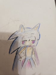 Size: 2048x2731 | Tagged: safe, artist:urlocalcupcxke, sonic the hedgehog, bisexual, bisexual pride, cape, eyes closed, face paint, headcanon, pride, pride flag, smile, solo, standing, traditional media