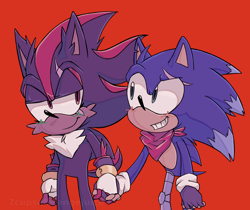 Size: 2048x1717 | Tagged: safe, artist:jayswingart, shadow the hedgehog, sonic the hedgehog, bandana, blushing, duo, fingerless gloves, gay, holding hands, lidded eyes, looking at each other, prosthetic, red background, scar, shadow x sonic, shipping, simple background, smile, standing