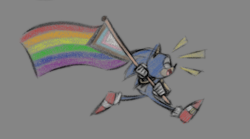 Size: 895x499 | Tagged: safe, artist:void-thevoid, sonic the hedgehog, eyes closed, flag, grey background, holding something, line art, mouth open, pride, pride flag, progress pride, running, simple background, smile, solo