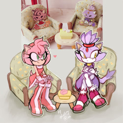 Size: 800x800 | Tagged: safe, artist:victoryrina, amy rose, blaze the cat, 2022, amy x blaze, arms folded, chair, duo, frown, grey background, heart, lesbian, outline, reference inset, shipping, signature, simple background, sitting, smile, table