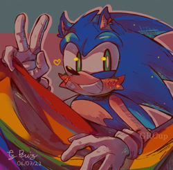 Size: 2000x1960 | Tagged: safe, artist:gr-cup, sonic the hedgehog, 2022, cheek fluff, gay pride, heart, looking at viewer, pride, pride flag, pride flag background, signature, smile, solo, trans pride, v sign, watermark