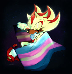 Size: 2048x2095 | Tagged: safe, artist:taaannnkk, shadow the hedgehog, super shadow, flag, gradient background, holding something, lidded eyes, pride, pride flag, signature, smile, solo, star (sky), super form, trans pride