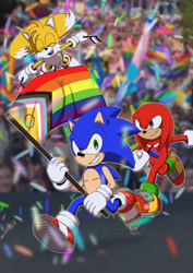Size: 1447x2048 | Tagged: safe, artist:spookyfigures, knuckles the echidna, miles "tails" prower, sonic the hedgehog, abstract background, asexual pride, bisexual pride, confetti, flag, flying, gay pride, looking at viewer, outline, pride, pride flag, progress pride, running, smile, spinning tails, top surgery scars, trio