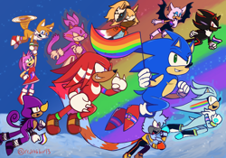 Size: 2048x1433 | Tagged: safe, artist:redrobber13, amy rose, blaze the cat, espio the chameleon, knuckles the echidna, miles "tails" prower, rouge the bat, silver the hedgehog, sonic the hedgehog, tangle the lemur, whisper the wolf, abstract background, ace, aromantic, aromantic pride, asexual pride, bisexual, bisexual pride, clouds, face paint, flying, gay pride, genderfluid, genderfluid pride, group, lesbian, lesbian pride, mid-air, nonbinary, nonbinary pride, pride, psychokinesis, rainbow, redraw, signature, smile, sparkles, top surgery scars, trans male, trans pride, transgender