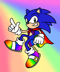 Size: 856x1022 | Tagged: safe, artist:lankstir21, sonic the hedgehog, 2023, cape, flat colors, gay pride, gradient background, looking at viewer, mid-air, pride, pride flag, rainbow, signature, smile, solo