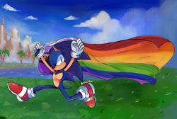 Size: 2047x1375 | Tagged: safe, artist:demonio-de-bolsillo, sonic the hedgehog, 2023, abstract background, clouds, daytime, grass, holding something, looking at viewer, outdoors, palm tree, pride, pride flag, progress pride, running, smile, solo, top surgery scars, trans male, transgender, water, wink