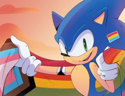 Size: 2048x1583 | Tagged: safe, artist:starlightseq, sonic the hedgehog, demisexual, demisexual pride, flag, gay pride, holding something, looking at viewer, pansexual, pansexual pride, pride, pride flag, progress pride, smile, solo, standing
