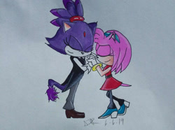 Size: 1024x762 | Tagged: safe, artist:laphita, amy rose, blaze the cat, cat, hedgehog, 2019, amy x blaze, cute, eyes closed, female, females only, holding hands, lesbian, shipping, traditional media
