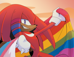 Size: 2048x1583 | Tagged: safe, artist:starlightseq, knuckles the echidna, bisexual, bisexual pride, flag, holding something, looking at viewer, pride, pride flag, progress pride, smile, solo