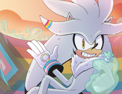 Size: 2048x1583 | Tagged: safe, artist:starlightseq, silver the hedgehog, flag, looking at viewer, pansexual, pansexual pride, pride, pride flag, progress pride, psychokinesis, smile, solo, trans male, trans pride, transgender