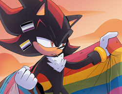 Size: 2048x1583 | Tagged: safe, artist:starlightseq, shadow the hedgehog, ace, asexual pride, clenched teeth, flag, gay pride, holding something, lidded eyes, looking offscreen, nonbinary, nonbinary pride, pride, pride flag, progress pride, solo, standing