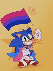Size: 640x862 | Tagged: safe, artist:glitchedcosmos, sonic the hedgehog, armband, bisexual, bisexual pride, cape, face paint, flag, gradient background, holding something, looking at viewer, pride, pride flag, smile, solo, standing, star (symbol), top surgery scars, trans male, trans pride, transgender