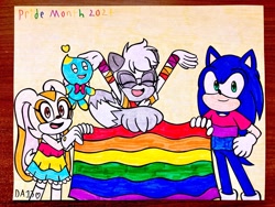 Size: 2048x1536 | Tagged: safe, artist:rainbowdaydream13, cheese (chao), cream the rabbit, sonic the hedgehog, tangle the lemur, chao, 2023, bisexual, bisexual pride, dress, english text, flag, gay pride, group, holding something, lesbian, lesbian pride, neutral chao, pansexual, pansexual pride, pride, pride flag, shirt, signature, smile, standing, tail hold, traditional media